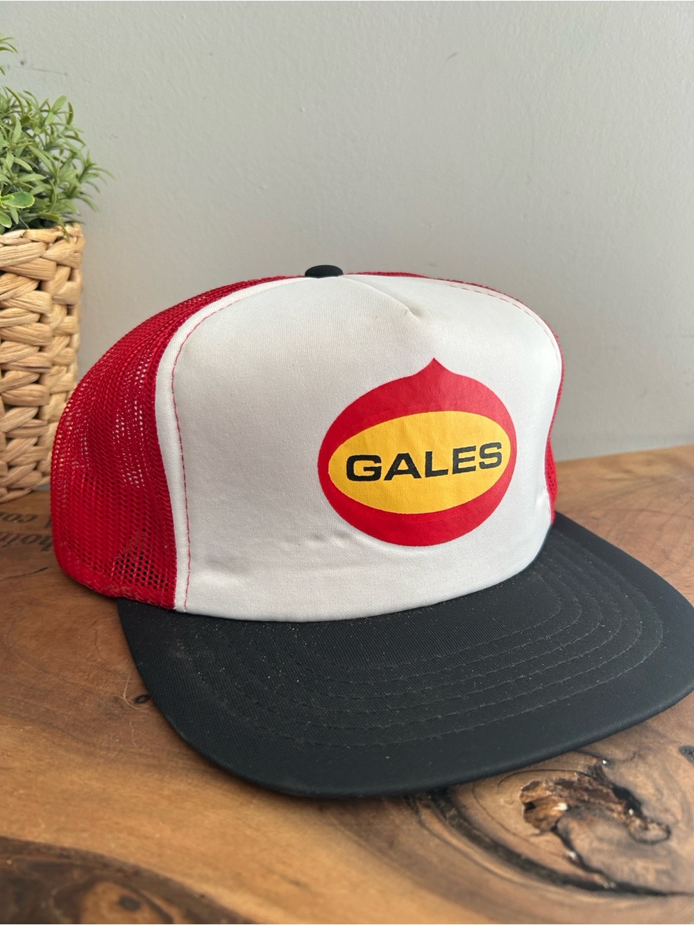 Gales Gas station Red & White Trucker Hat with Black Brim Meshback Clean